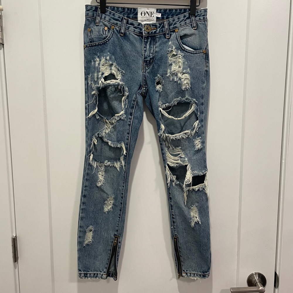 One by One Teaspoon Trashed Free Birds Distressed Skinny Jeans Blue Size 24